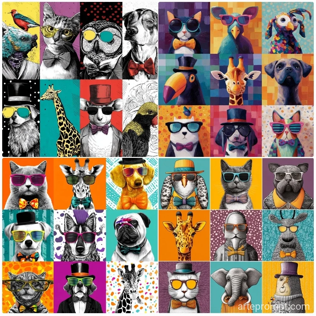 Vibrant pop art animals in playful styles, featuring colorful wildlife and stylized pets with bold outlines and high-contrast colors.