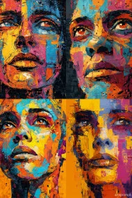 Vibrant abstract pop art painting with bold brushstrokes and dynamic colors expressing human emotions and philosophical concepts.