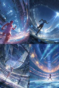 Anime athlete celebrating victory in Olympic stadium, dynamic pose with confetti and cheering crowd.