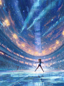 Anime-style athlete celebrating victory in an Olympic stadium, dynamic pose with confetti and cheering crowd.