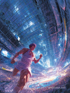 Anime-inspired athlete celebrating victory in Olympic stadium, dynamic and vibrant MidJourney AI art