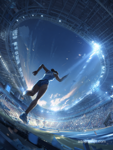 Anime-inspired athlete celebrating victory in an Olympic stadium, dynamic and vibrant mid-action shot.