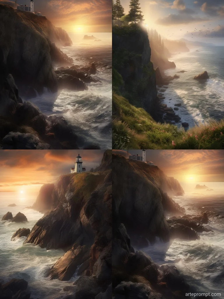 Dramatic coastal cliffs at sunset with crashing waves, sea stacks, and a lighthouse under a vibrant sky.
