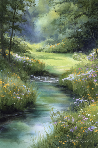 Dreamy woodland glade watercolor art with a gentle stream and blooming wildflowers, ethereal and enchanting.