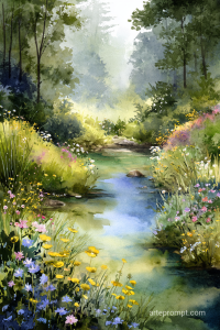 Dreamy woodland glade watercolor art with a gentle stream and blooming wildflowers, ethereal and enchanting.