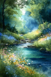 Dreamy woodland glade watercolor art with a gentle stream and blooming wildflowers, ethereal and enchanting.