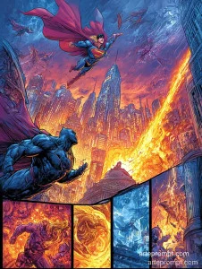 Epic superhero battle scene with vivid colors, dynamic poses, and a city skyline backdrop, created using MidJourney AI.