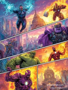 Epic superhero battle scene with vivid colors, dynamic poses, and a city skyline backdrop, created using MidJourney AI.