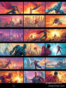 Epic superhero battle scene with vivid colors, dynamic poses, and a city skyline backdrop, created using MidJourney AI.