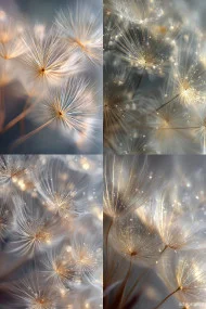 Ethereal dandelion seeds floating in a dreamlike atmosphere with a soft gradient background