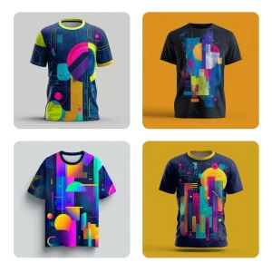 Stylish t-shirt with abstract geometric patterns and vibrant colors, blending urban culture and contemporary art.