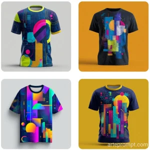 Stylish t-shirt with abstract geometric patterns and vibrant colors, blending urban culture and contemporary art.