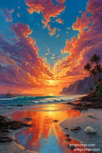 Fiery sunset over coastal panorama with sailboats, palm trees, and bonfires, creating a photorealistic silhouette scene.
