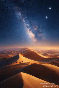 Golden desert dunes under a starry night sky with a camel caravan and distant sandboarders