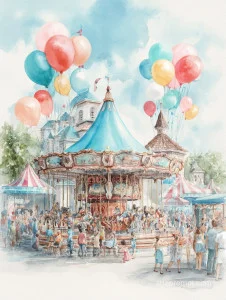 Whimsical watercolor painting of a joyful carnival with playful moments, high-quality details, and vibrant colors