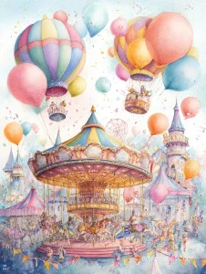 Whimsical watercolor painting of a joyful carnival with playful moments and intricate details, portrait aspect ratio 2:3