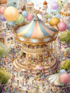Whimsical watercolor painting of a joyful carnival with playful moments and intricate details, in a 2:3 aspect ratio.