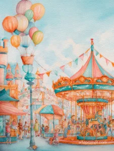 Whimsical watercolor painting of a joyful carnival with playful moments and intricate details, in a 2:3 aspect ratio.