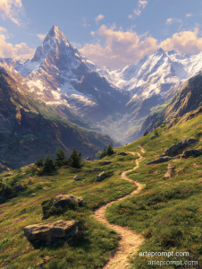 Misty mountain range with alpine meadows and snow-capped peaks under golden sunrise light
