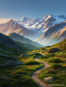 Misty mountain range with alpine meadows and a hiking trail under snow-capped peaks at sunrise.