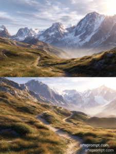 Misty mountain range with alpine meadows and snow-capped peaks under golden sunrise light