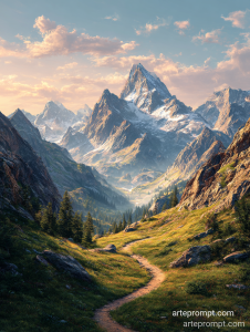 Misty mountain range with alpine meadows and a hiking trail under golden sunrise light