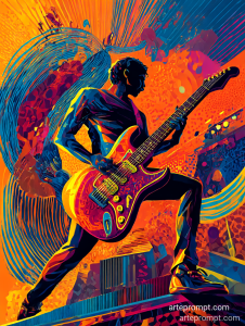 Vibrant pop art electric guitar with dynamic soundwaves and rockstar silhouette, inspired by rock and roll energy.