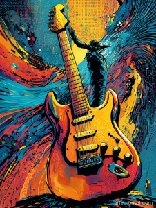 Vibrant pop art electric guitar with dynamic soundwaves and a rockstar silhouette, showcasing bold colors and music energy.