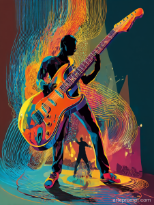 Vibrant pop art electric guitar with dynamic soundwaves and rockstar silhouette, showcasing bold colors and music energy.