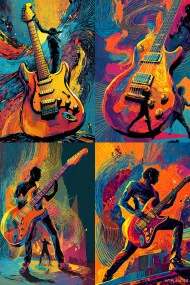 Vibrant pop art electric guitar with dynamic soundwaves and a rockstar silhouette, inspired by rock and roll energy.