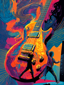 Vibrant pop art electric guitar with dynamic soundwaves and a rockstar silhouette, showcasing bold colors and music energy.