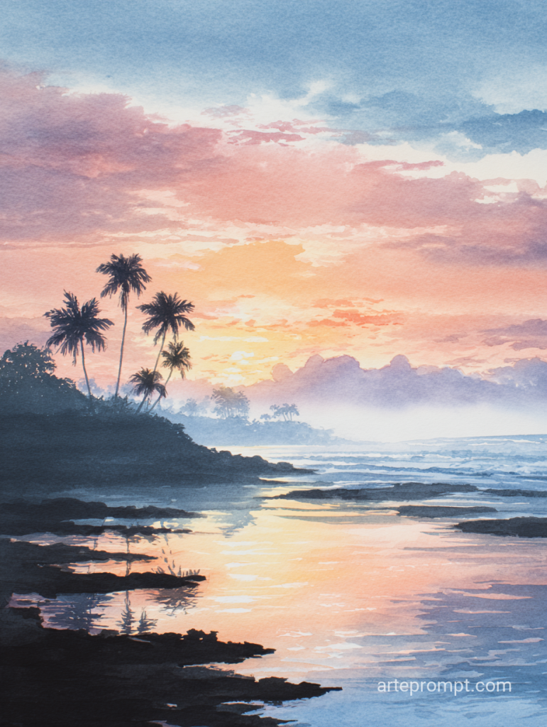 Serene Sunset Watercolor Coastal Beauty