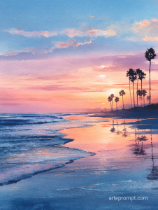 Watercolor painting of a serene sunset over a calm ocean with silhouetted palm trees and gentle waves