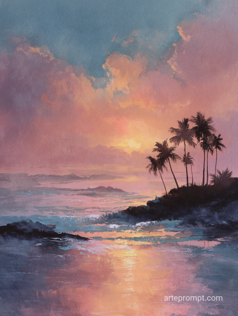 Serene Sunset Watercolor Coastal Beauty