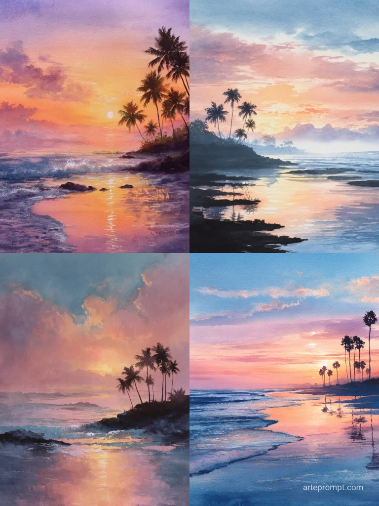 Watercolor painting of a serene sunset over a calm ocean with silhouetted palm trees and gentle waves