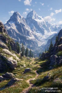 Majestic snow-capped mountains with alpine meadows, wildflowers, and a winding hiking trail at sunrise or sunset.