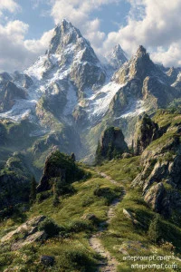 Majestic snow-capped mountains with alpine meadows, wildflowers, and a winding hiking trail at sunrise or sunset.