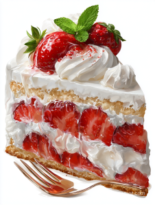 Strawberry cake clipart on white background, a delicious slice with vibrant details, perfect for commercial use.