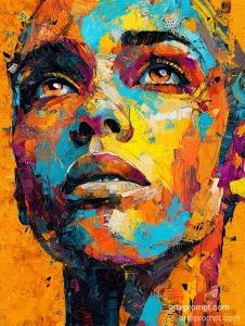Vibrant abstract pop art painting with bold brushstrokes and dynamic colors depicting human emotions and philosophical concepts.