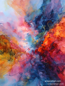 Vibrant abstract watercolor art with expressive brushstrokes and bold colors, created using MidJourney AI.