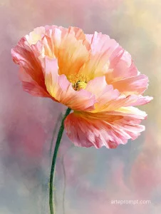 Elegant watercolor painting of a blooming poppy flower with delicate blossoms and vibrant colors