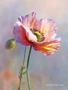 Elegant watercolor painting of a blooming poppy flower with delicate blossoms and vibrant colors