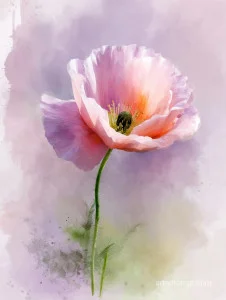 Elegant watercolor painting of a blooming poppy flower with vibrant colors and delicate petals