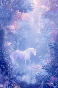 Whimsical unicorn in a magical forest watercolor illustration, ethereal and enchanting fantasy artwork