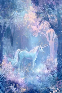 Whimsical unicorn in a magical forest watercolor illustration, ethereal and enchanting fantasy artwork
